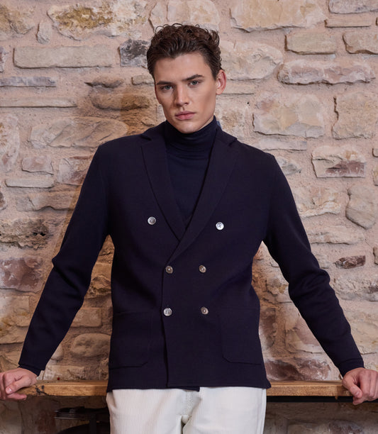 MASQ - Sacou double-breasted din 100% lână fină, albastru inchis.