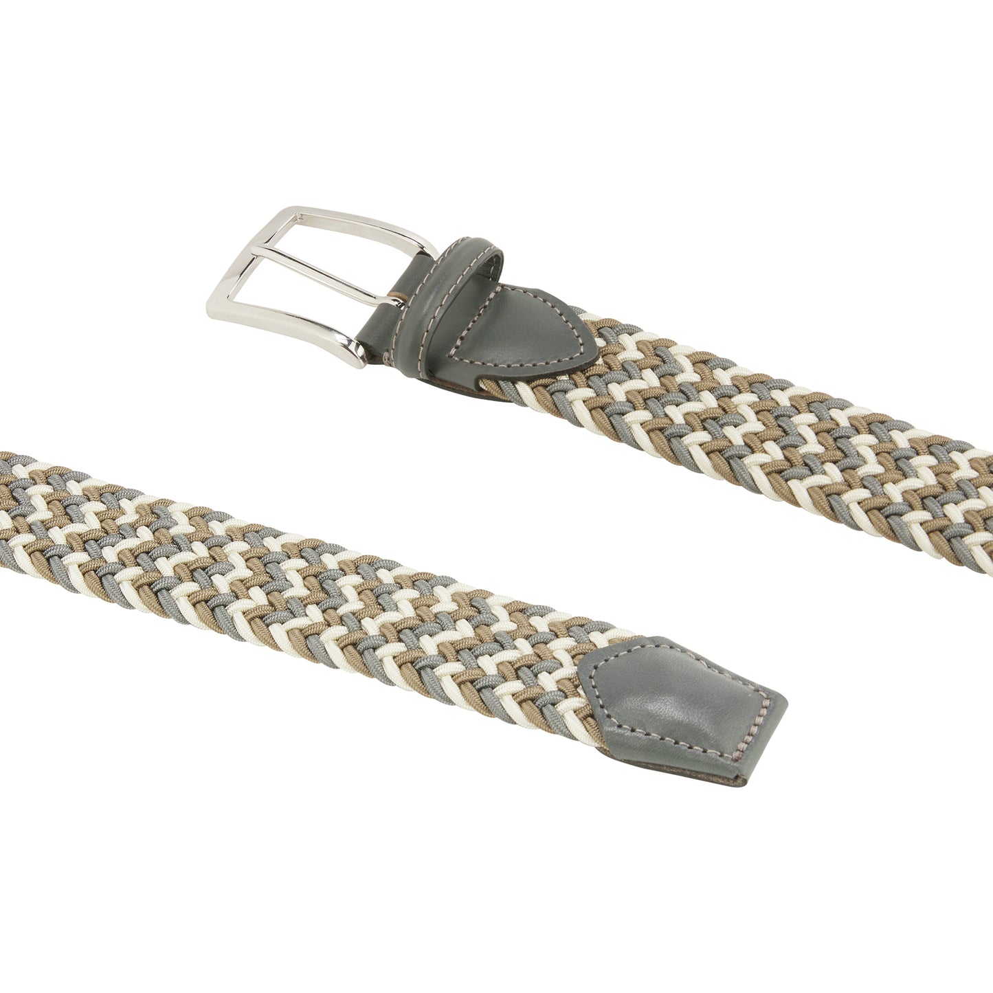 ATHISON - Curea impletita, din material elastic, combinatie crem/gri/maro, cu detalii piele maro.