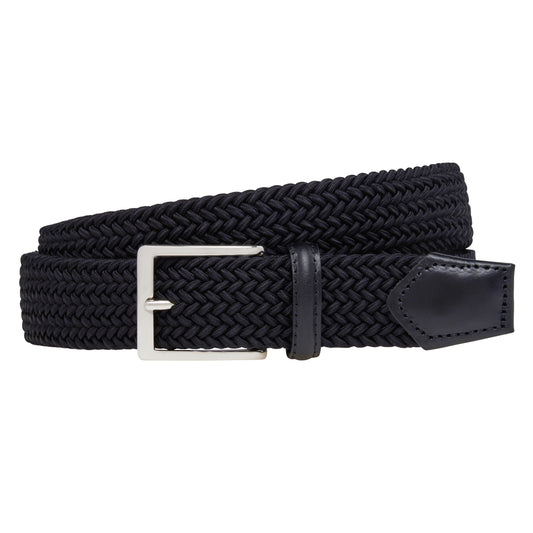 ATHISON - Curea impletita, din material elastic negru, cu detalii piele negre.