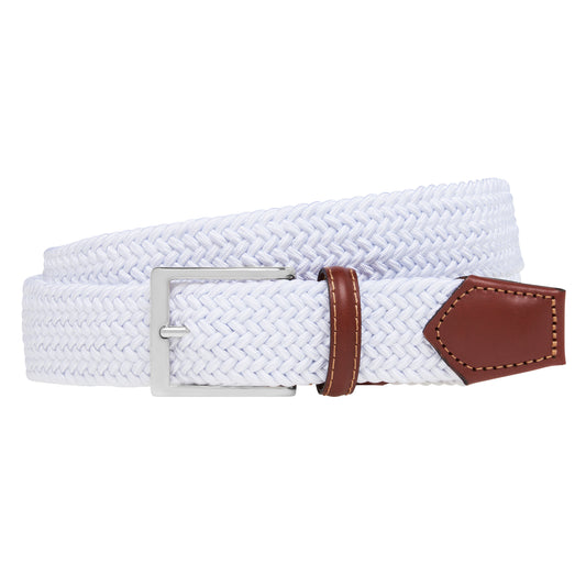 ATHISON - Curea impletita, din material elastic alb, cu detalii piele maro.