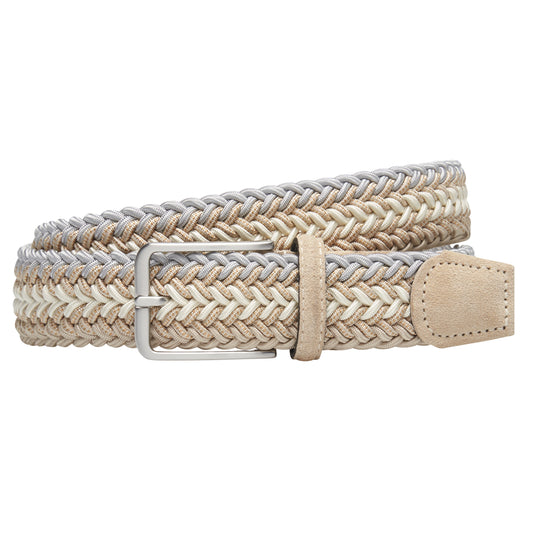 ATHISON - Curea impletita, din material elastic, combinatie alb/crem/bleu, cu detalii piele intoarsa.