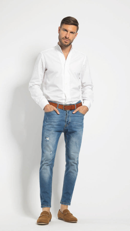 ALESSANDRO GHERARDI - Camasa alba, model slim-fit, guler Double Wing, din 100% bumbac.
