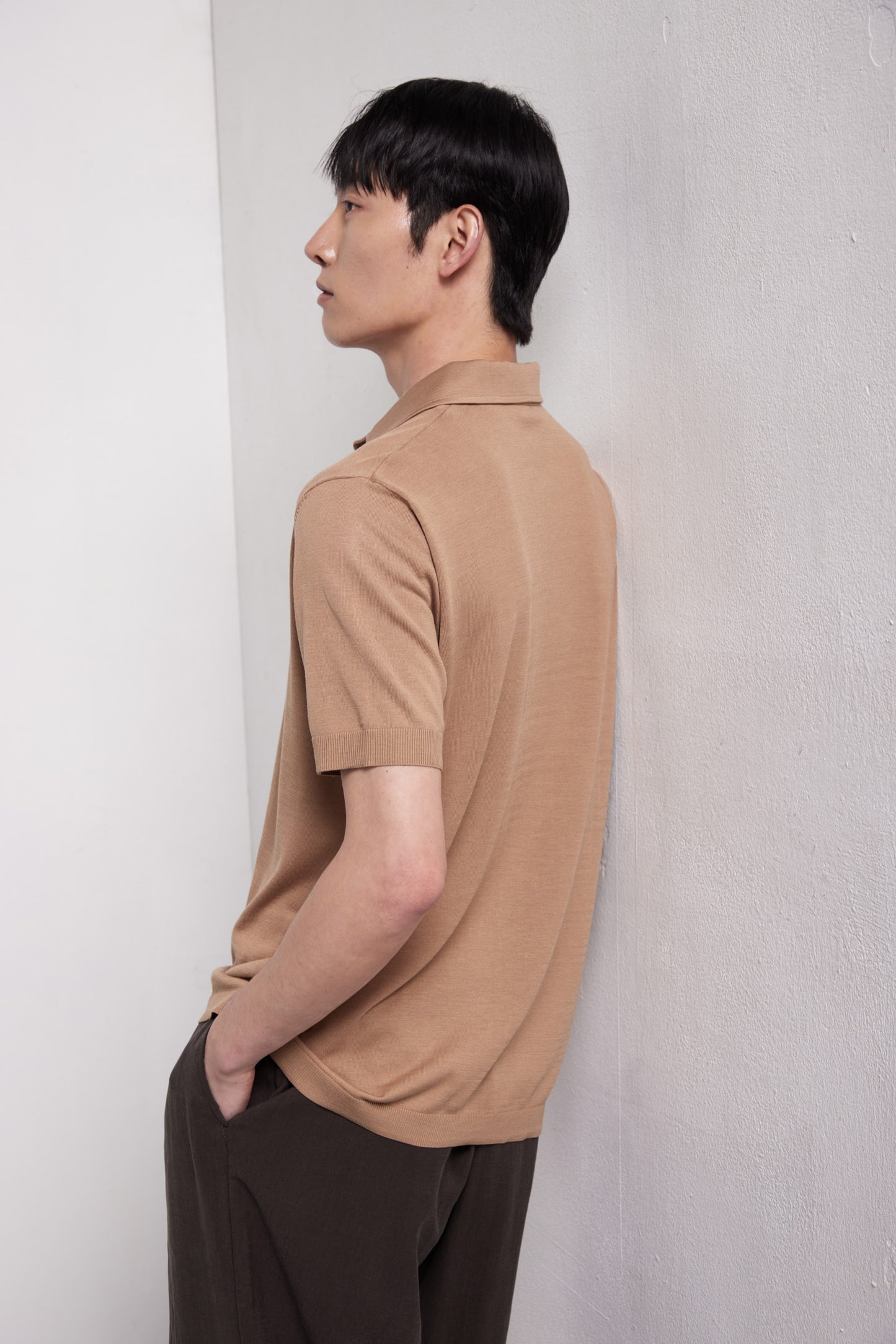 KANGRA - Tricou tip camasa, din 60% matase si 40% bumbac, bej inchis.