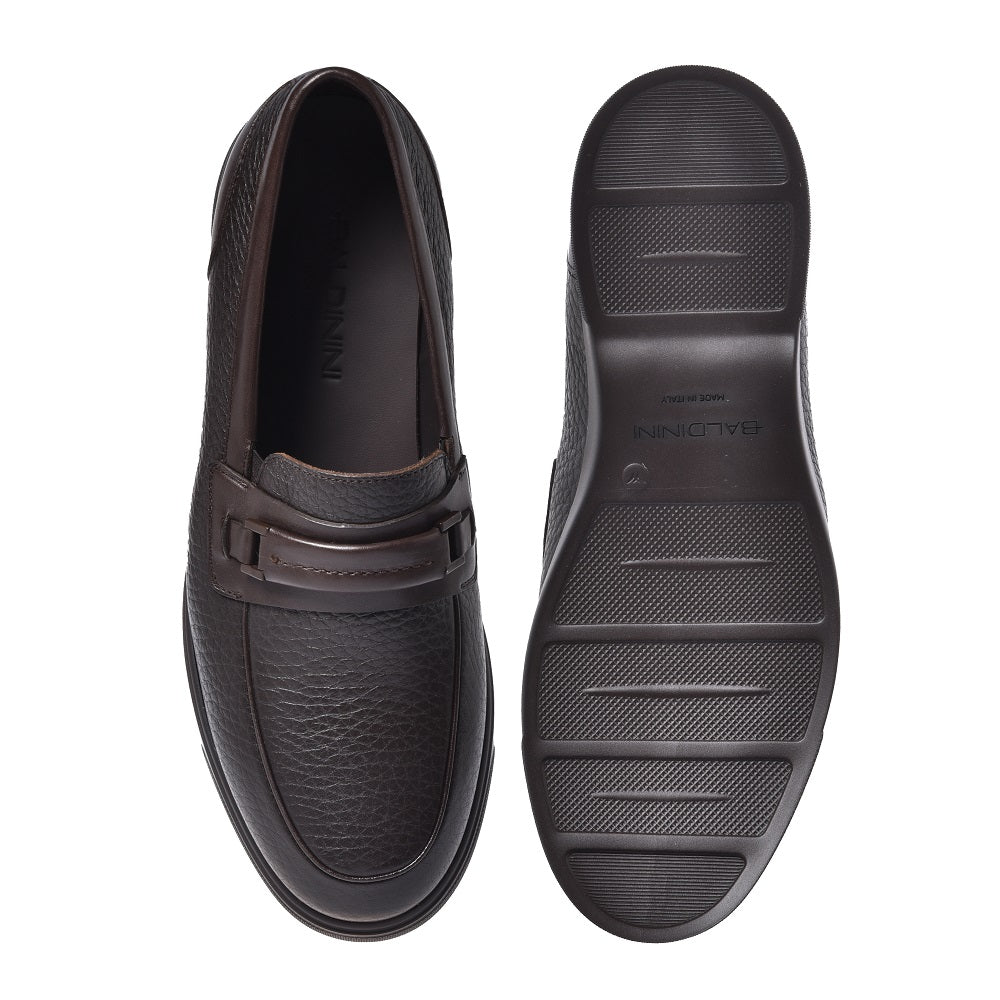 BALDININI - Loafers din piele, combinatie de piele neteda si amprentata, maro inchis.