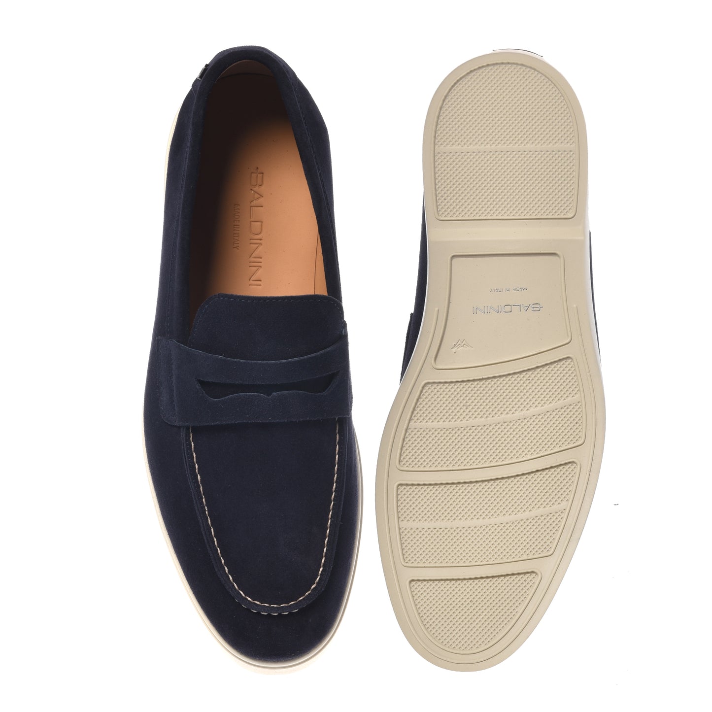 BALDININI - Loafers din piele intoarsa, bleumarin, cu talpa de cauciuc alba.