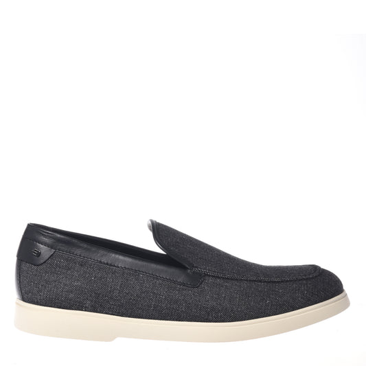 BALDININI - Loafers din panza tip denim, negru/gri cu detalii din piele neagra, cu talpa de cauciuc alba.