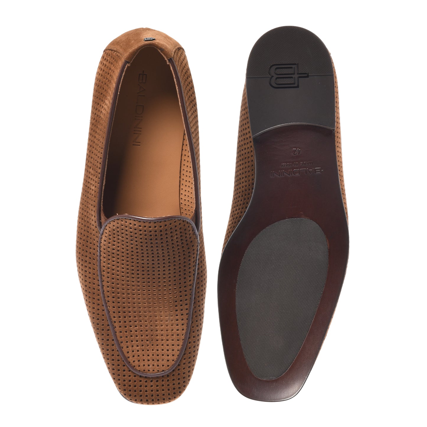BALDININI - Loafers din piele intoarsa, maro inchis, cu talpa de piele si cauciuc la culoare.