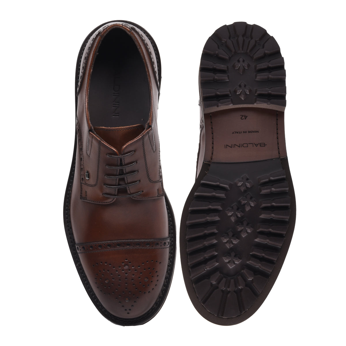 BALDININI - Pantofi cu siret model derby, din piele cu perforatii tip brogue, maro.