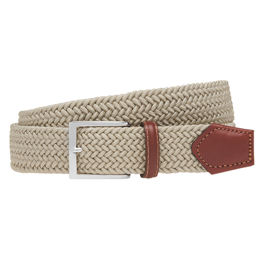 ATHISON - Curea impletita, din material elastic crem, cu detalii piele naturala.
