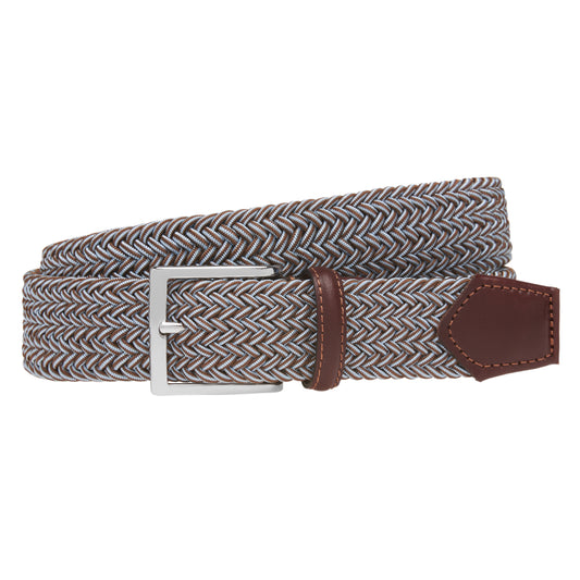 ATHISON - Curea impletita, din material elastic, combinatie bleu cu maro, cu detalii piele naturala.