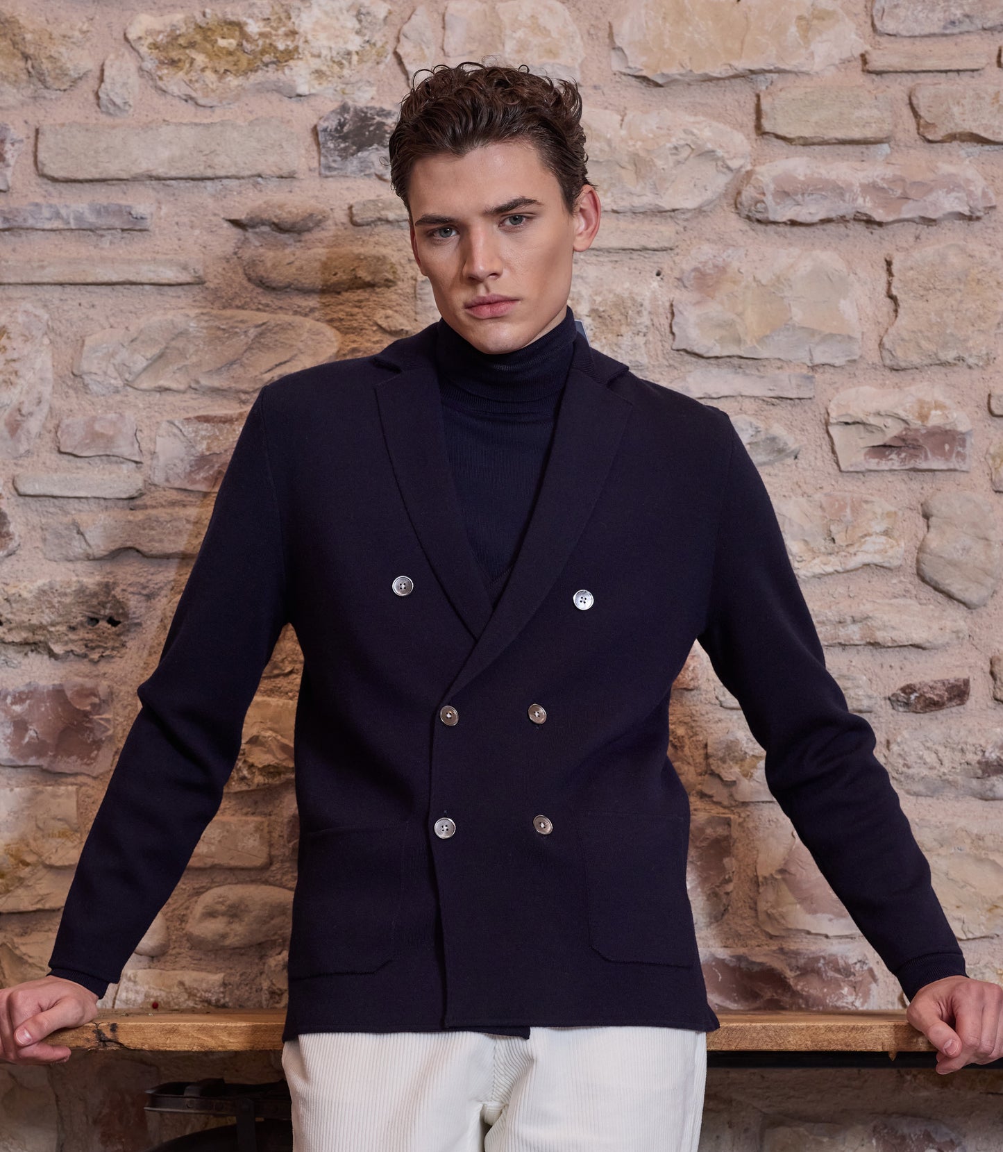 MASQ - Sacou double-breasted din 100% lână fină, albastru inchis.