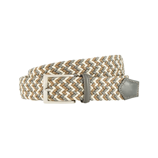 ATHISON - Curea impletita, din material elastic, combinatie crem/gri/maro, cu detalii piele maro.