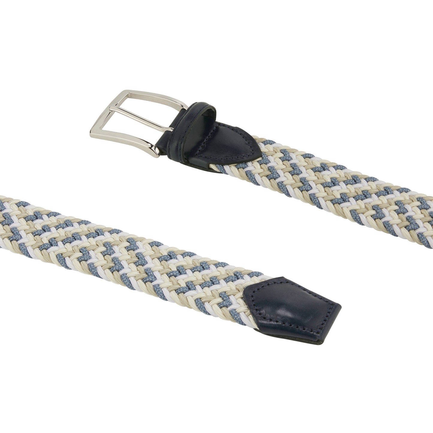 ATHISON - Curea impletita, din material elastic, combinatie alb/crem/navy, cu detalii piele navy.