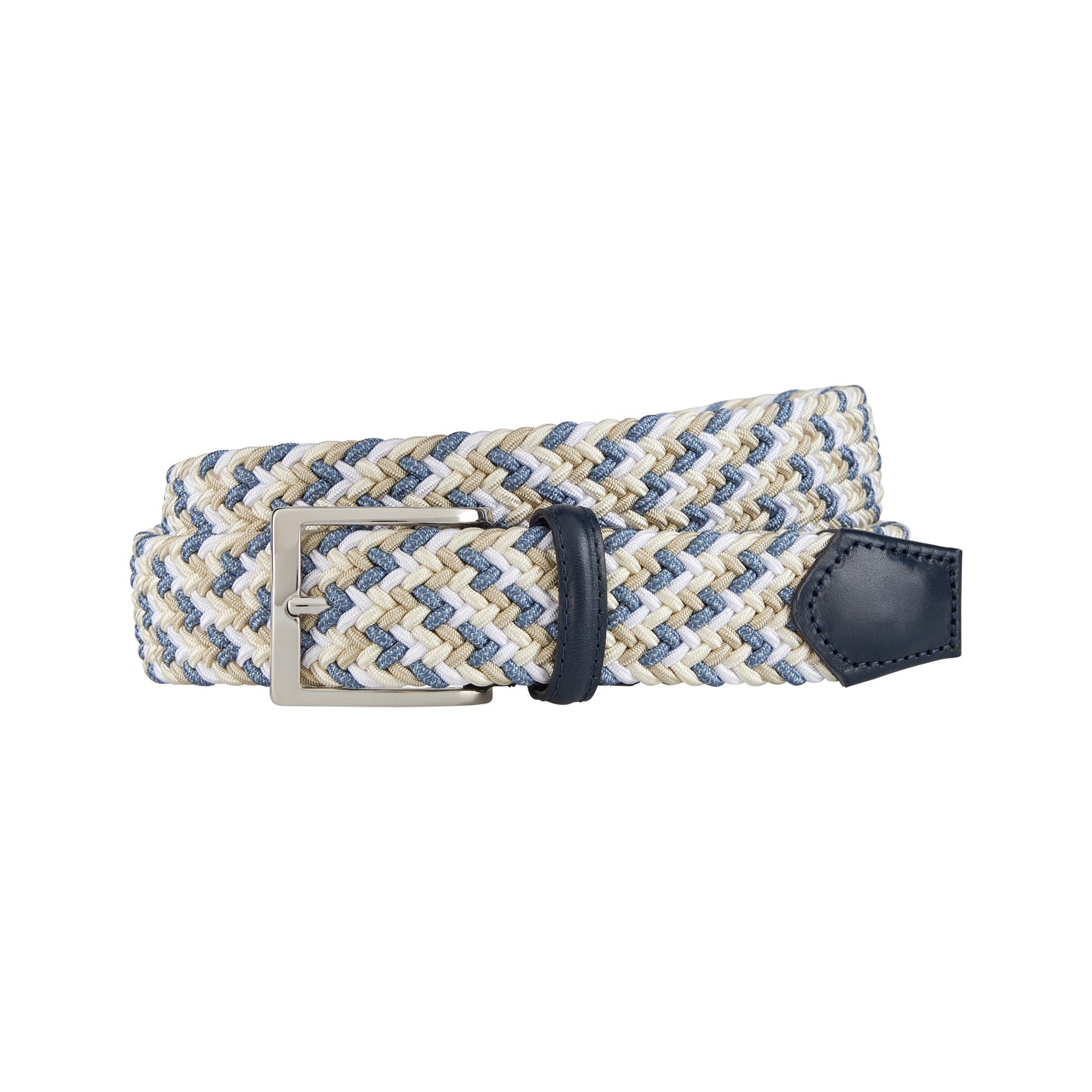 ATHISON - Curea impletita, din material elastic, combinatie alb/crem/navy, cu detalii piele navy.