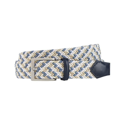 ATHISON - Curea impletita, din material elastic, combinatie alb/crem/navy, cu detalii piele navy.
