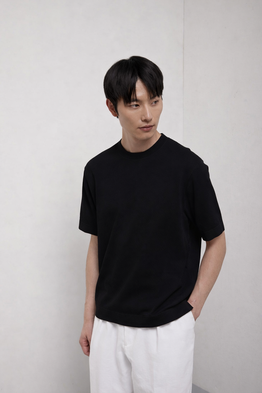 KANGRA - Tricou model crew-neck (rotund), din 100% bumbac, negru.
