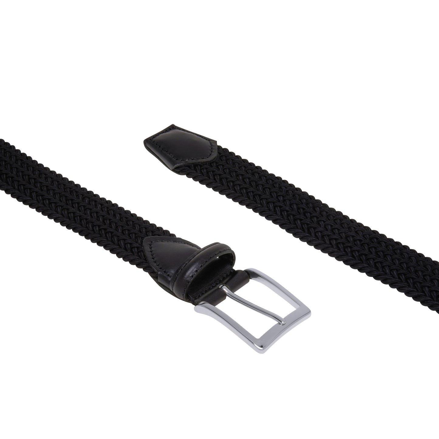 ATHISON - Curea impletita, din material elastic negru, cu detalii piele negre.