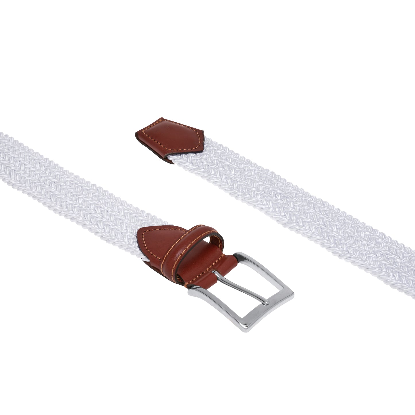ATHISON - Curea impletita, din material elastic alb, cu detalii piele maro.