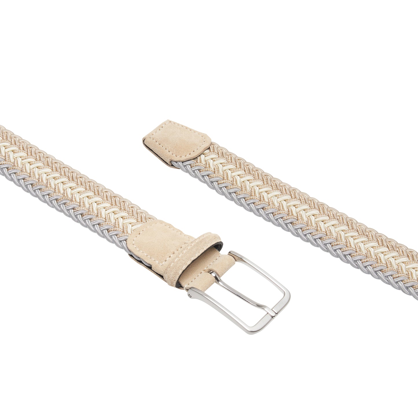 ATHISON - Curea impletita, din material elastic, combinatie alb/crem/bleu, cu detalii piele intoarsa.