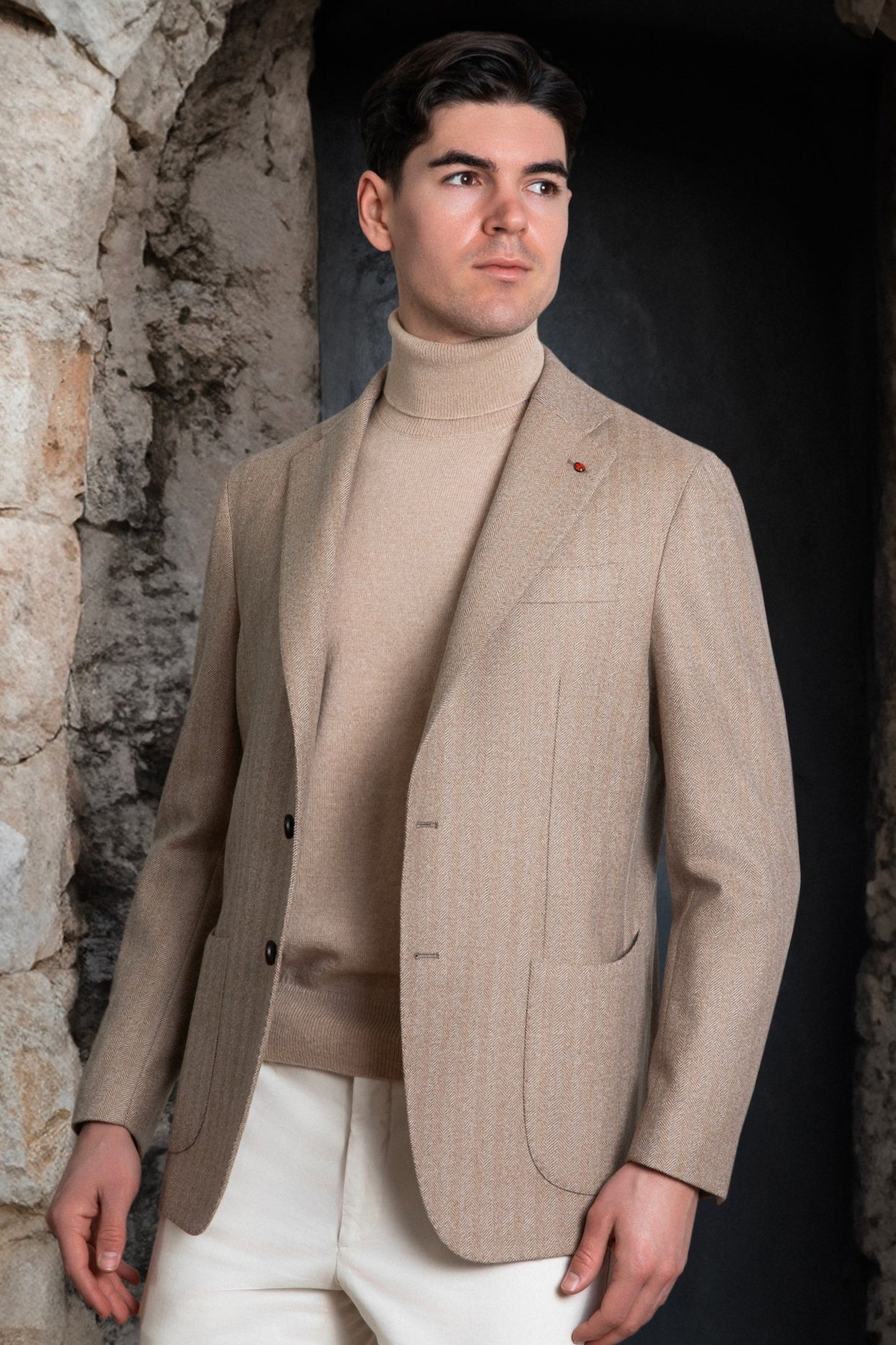 FUGATO - Sacou din 100% lana, pattern herringbone, bej.