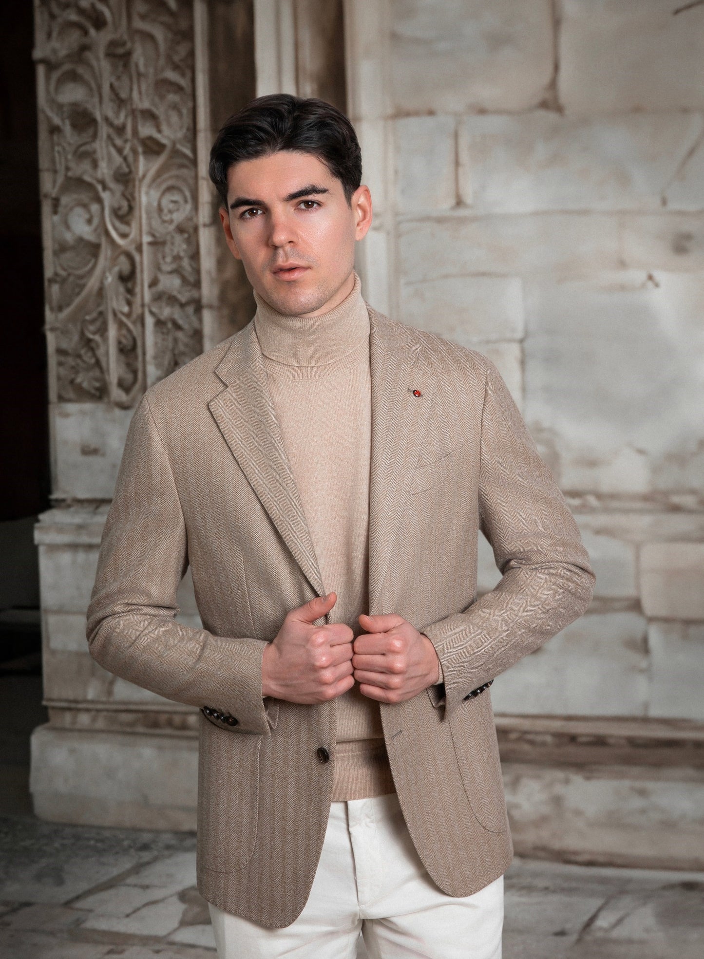 FUGATO - Sacou din 100% lana, pattern herringbone, bej.