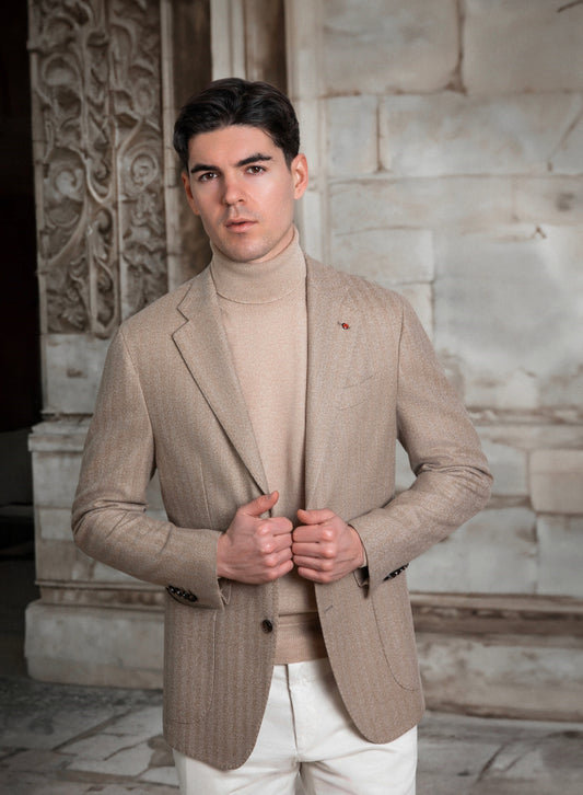 FUGATO - Sacou din 100% lana, pattern herringbone, bej.