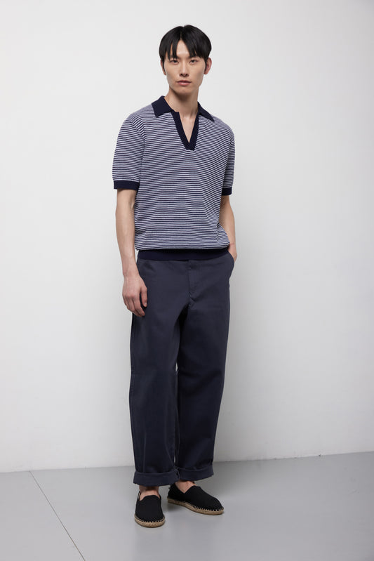 KANGRA - Tricou V-Neck, model french marin, din 100% bumbac, albastru cu dungi albe.