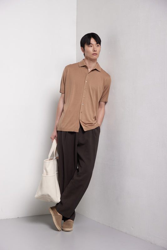 KANGRA - Tricou tip camasa, din 60% matase si 40% bumbac, bej inchis.