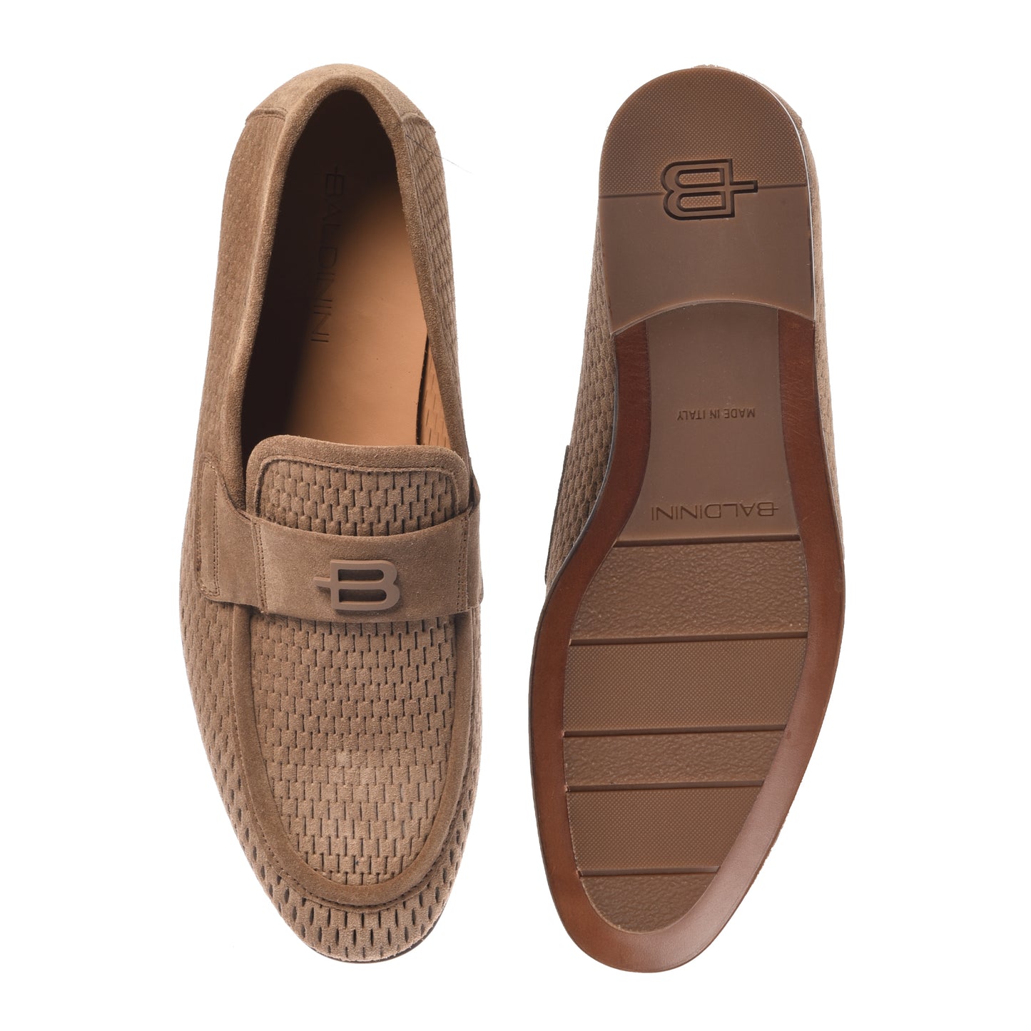 BALDININI - Loafers din piele intoarsa, model cu perforatii tip impletitura aparenta, bej.