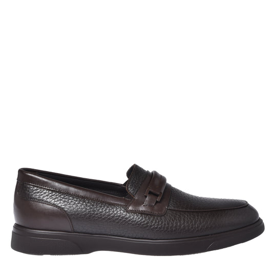 BALDININI - Loafers din piele, combinatie de piele neteda si amprentata, maro inchis.