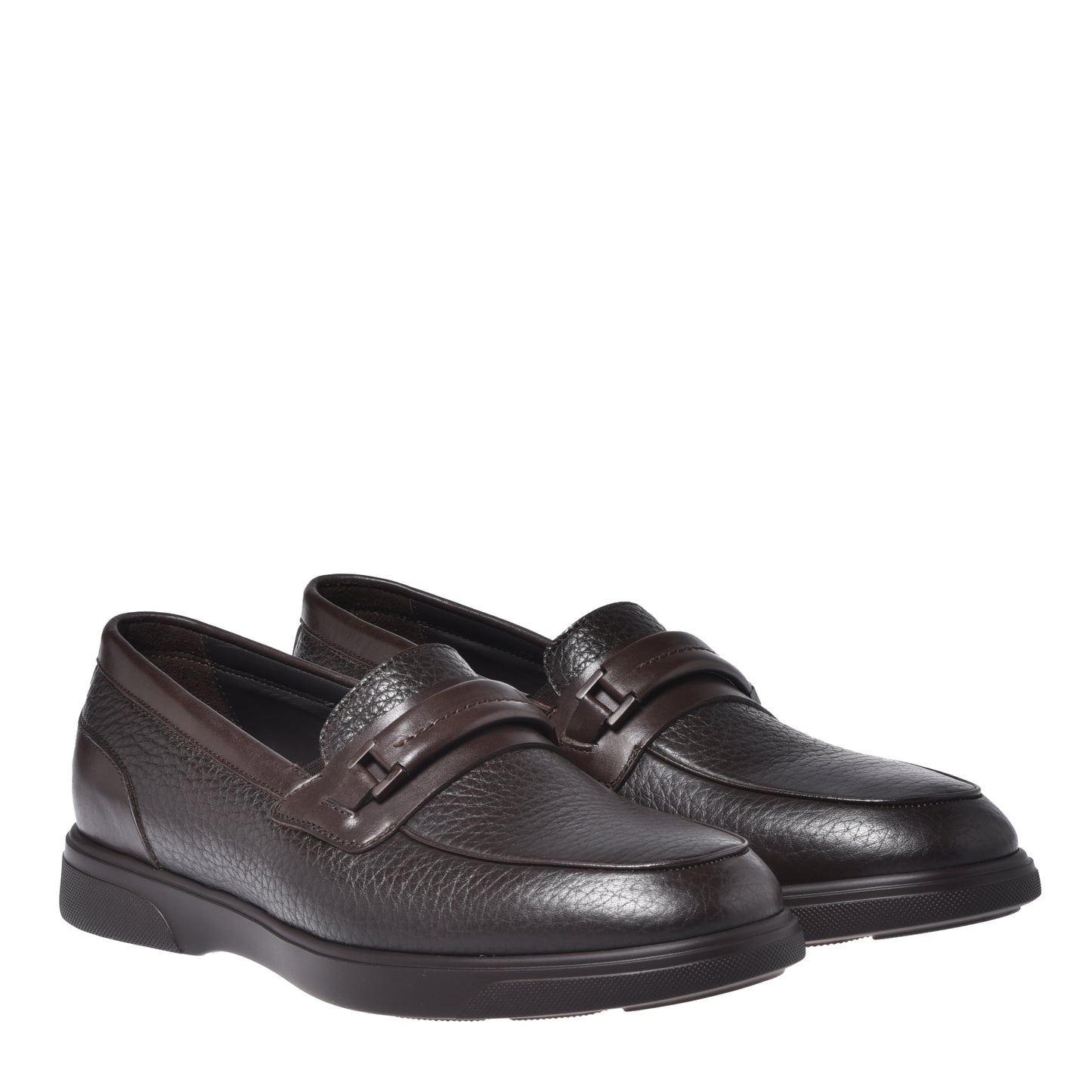 BALDININI - Loafers din piele, combinatie de piele neteda si amprentata, maro inchis.