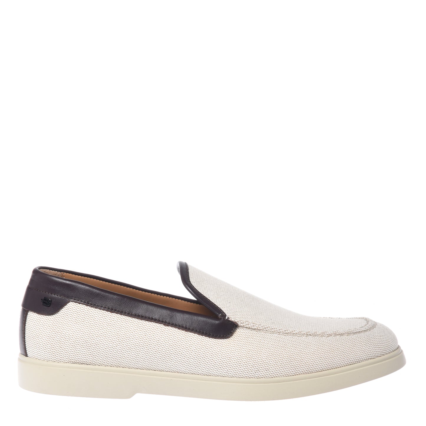 BALDININI - Loafers din panza tip denim, bej cu detalii din piele maro inchis, cu talpa de cauciuc alba.