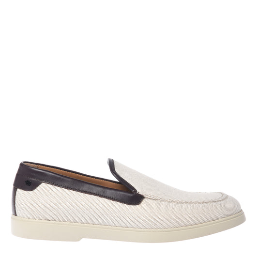 BALDININI - Loafers din panza tip denim, bej cu detalii din piele maro inchis, cu talpa de cauciuc alba.
