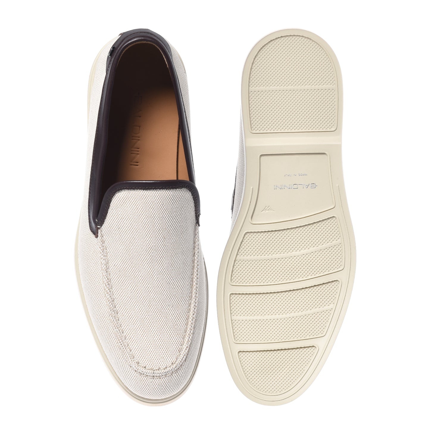 BALDININI - Loafers din panza tip denim, bej cu detalii din piele maro inchis, cu talpa de cauciuc alba.
