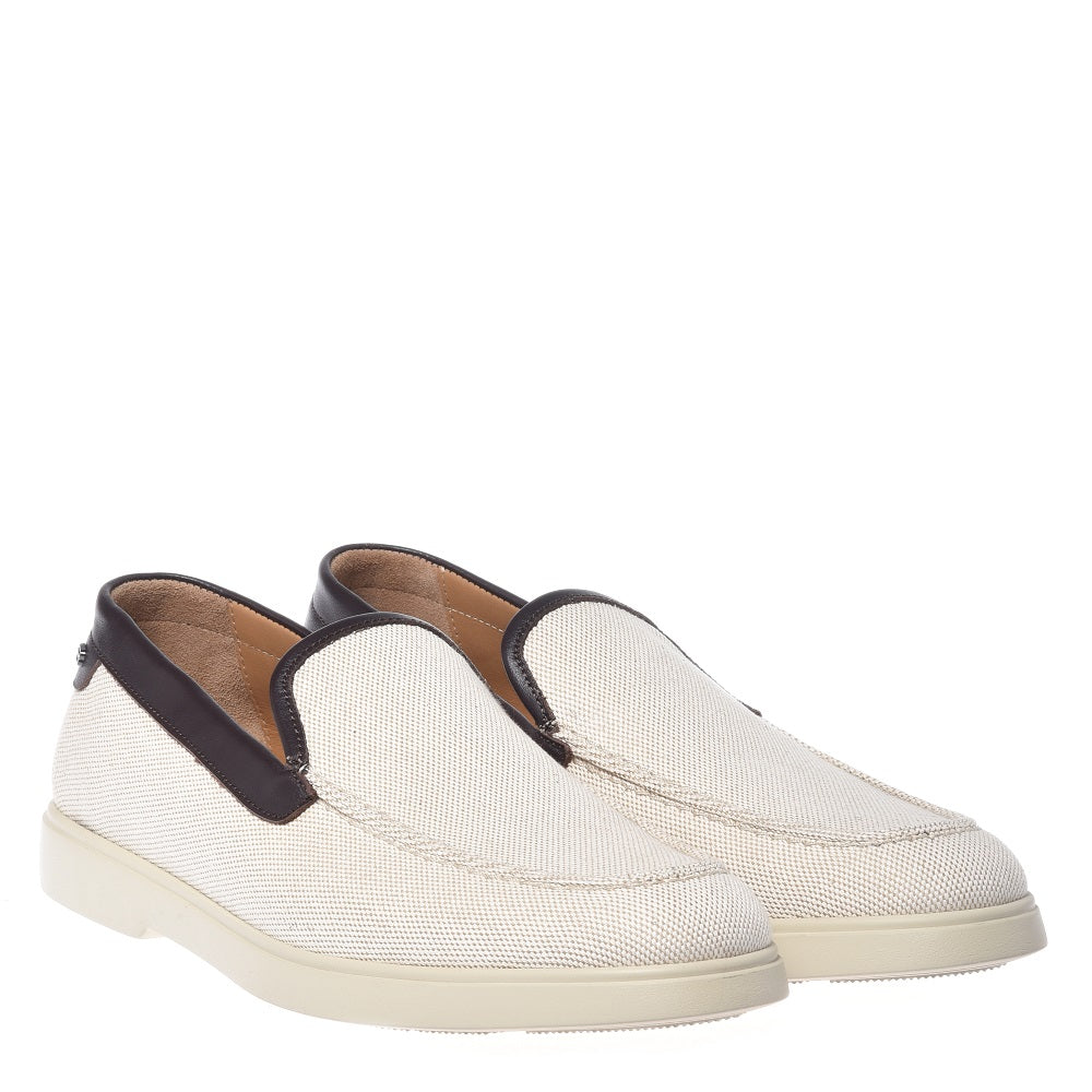 BALDININI - Loafers din panza tip denim, bej cu detalii din piele maro inchis, cu talpa de cauciuc alba.