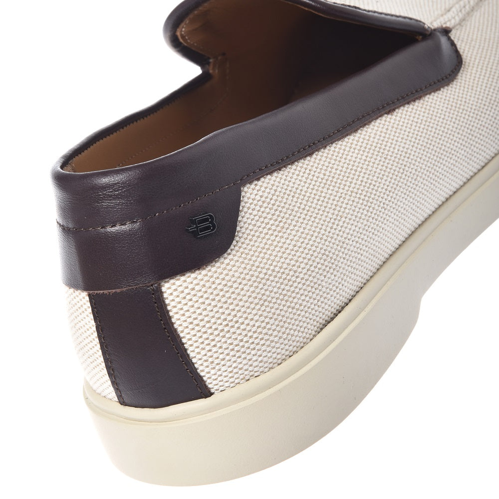 BALDININI - Loafers din panza tip denim, bej cu detalii din piele maro inchis, cu talpa de cauciuc alba.
