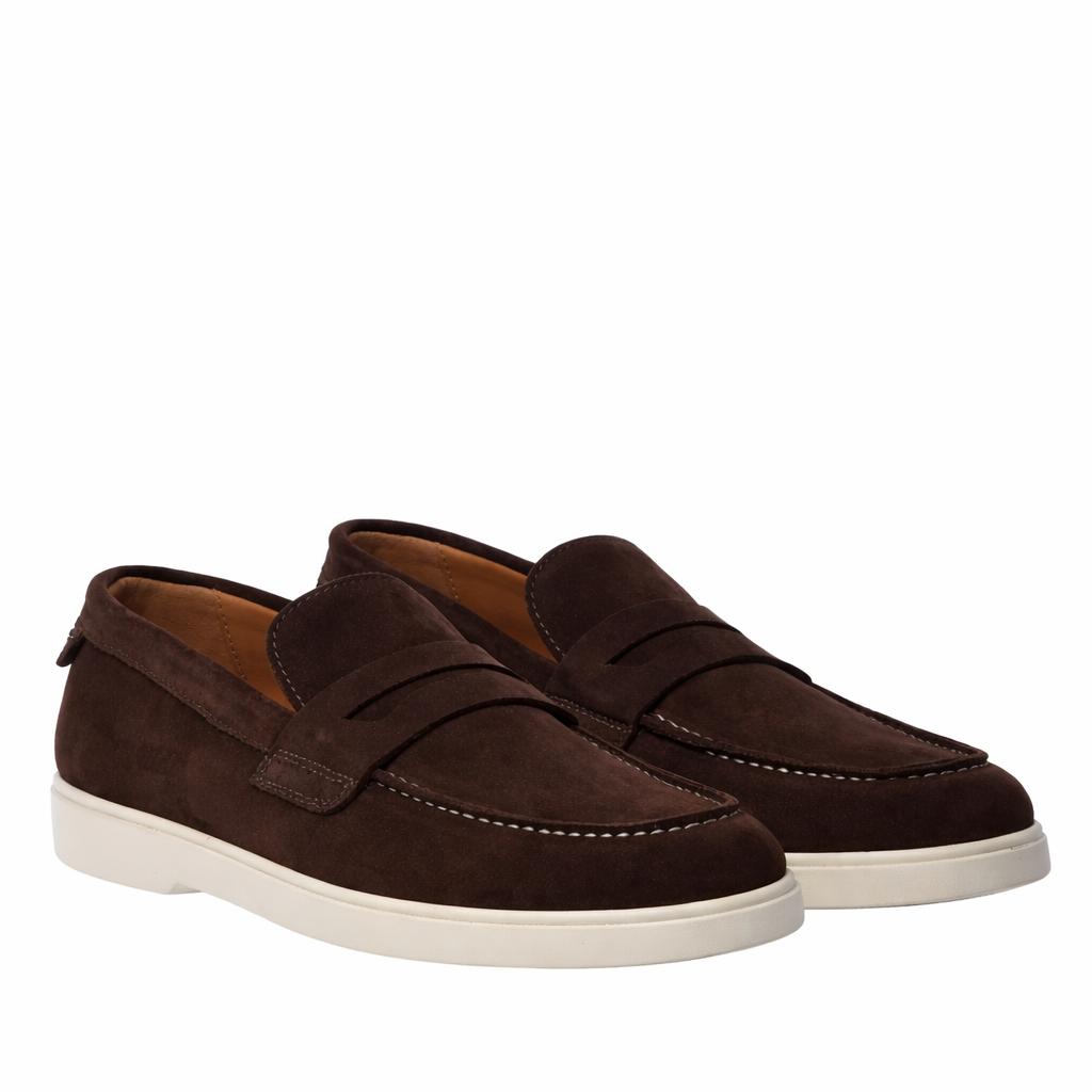 BALDININI - Loafers din piele intoarsa, maro inchis, cu talpa de cauciuc alba.
