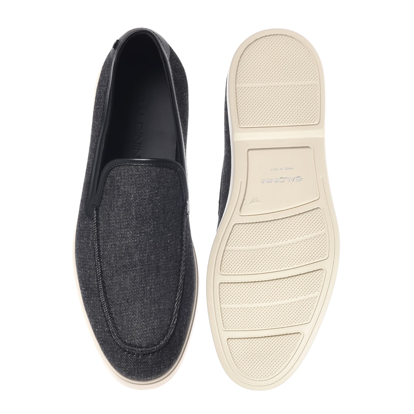 BALDININI - Loafers din panza tip denim, negru/gri cu detalii din piele neagra, cu talpa de cauciuc alba.