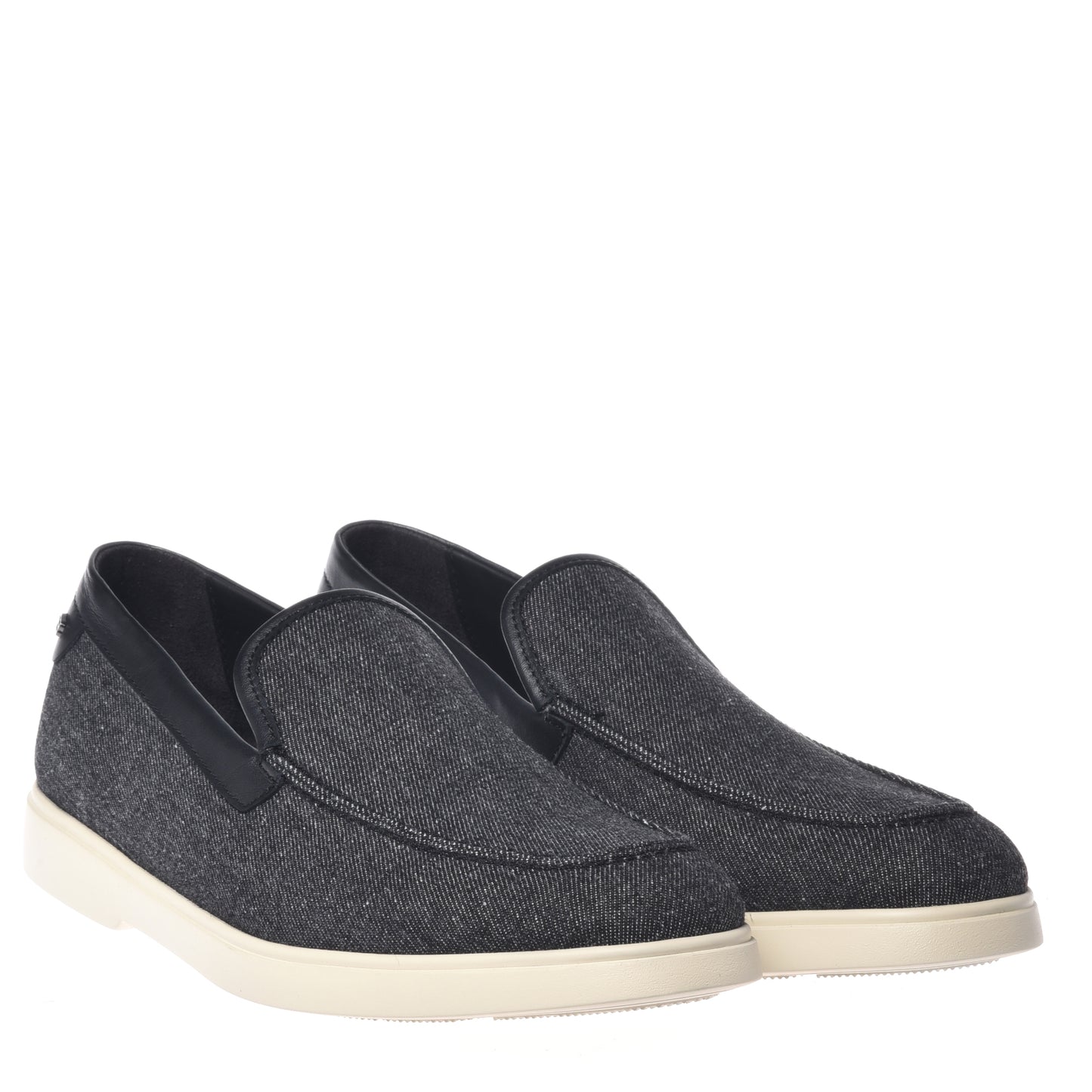 BALDININI - Loafers din panza tip denim, negru/gri cu detalii din piele neagra, cu talpa de cauciuc alba.