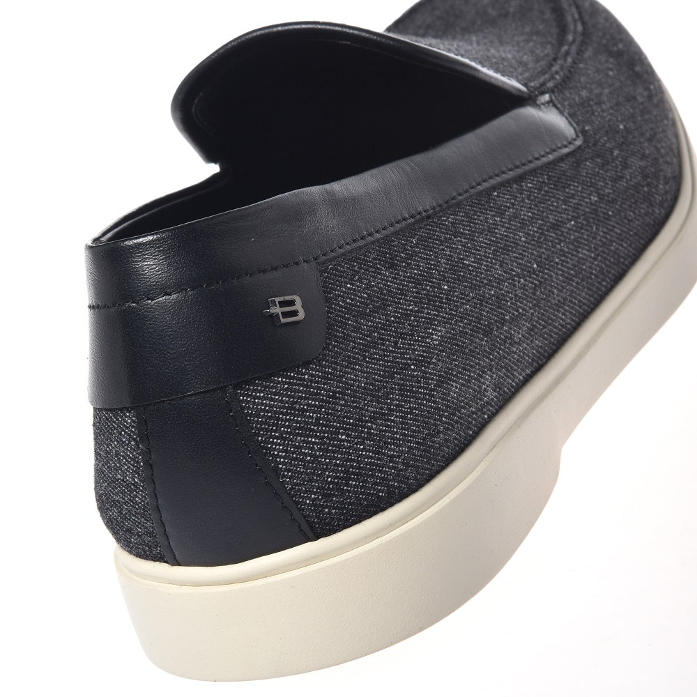 BALDININI - Loafers din panza tip denim, negru/gri cu detalii din piele neagra, cu talpa de cauciuc alba.