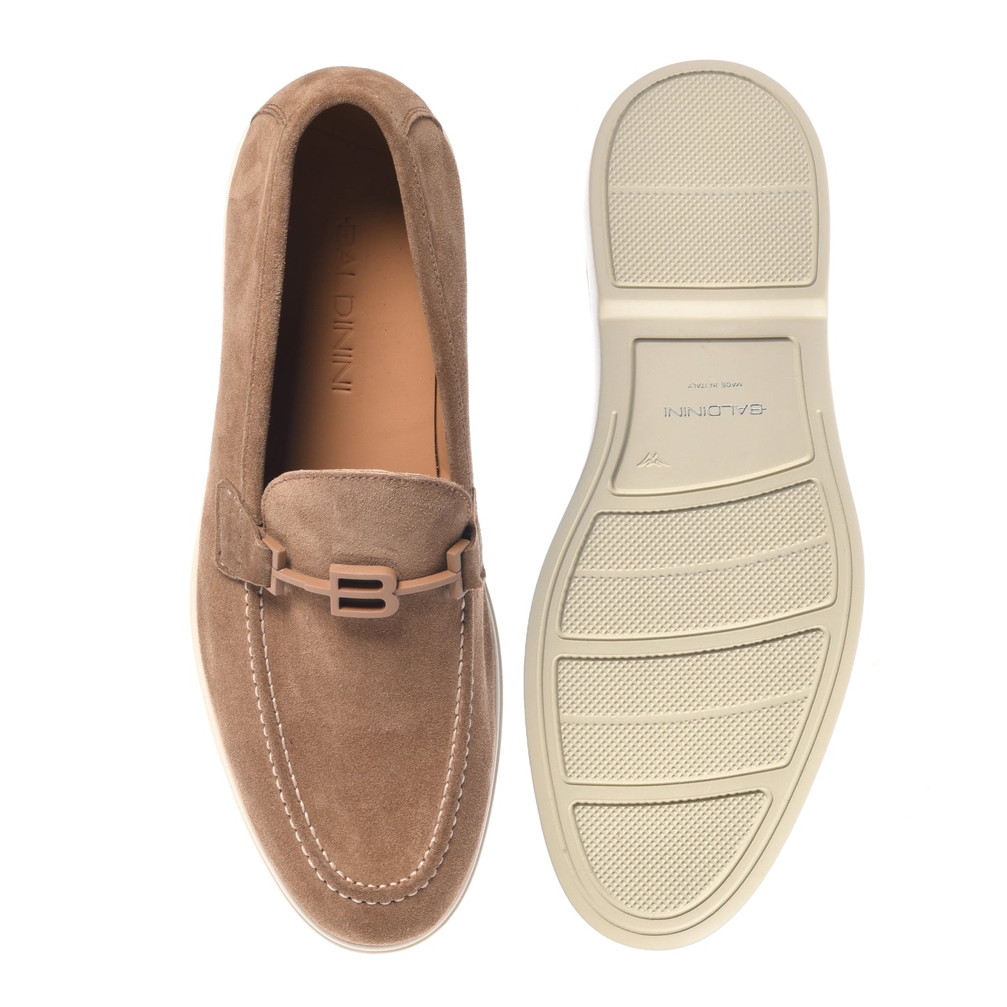 BALDININI - Loafers din piele intoarsa, bej, cu talpa de cauciuc alba.