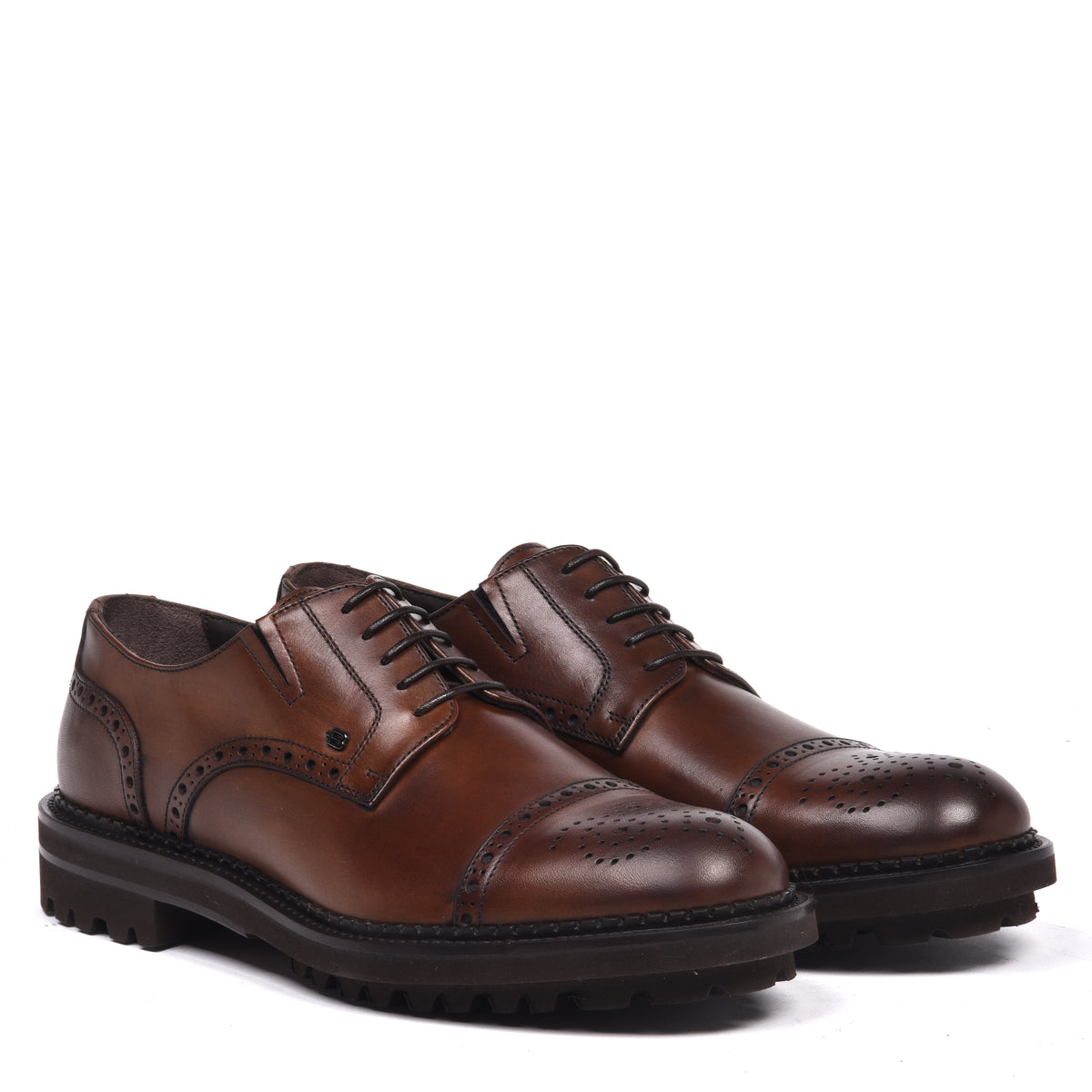 BALDININI - Pantofi cu siret model derby, din piele cu perforatii tip brogue, maro.