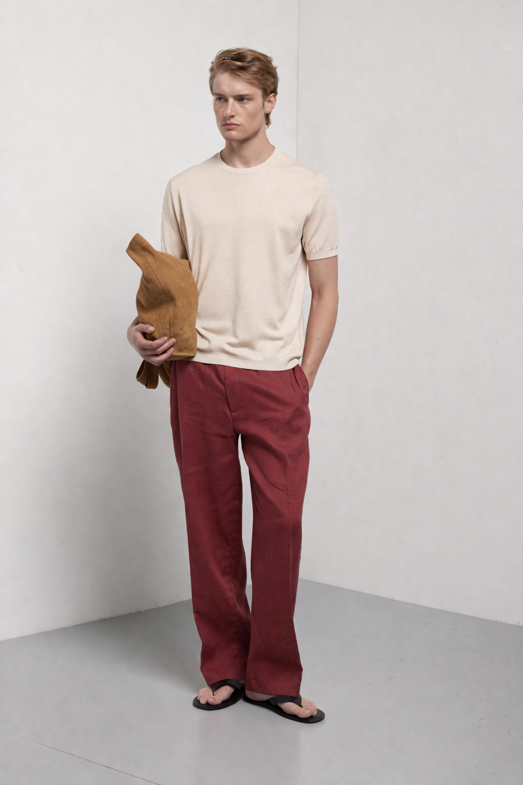 KANGRA - Tricou din 60% matase si 40% bumbac, guler rotund, alb-latte.