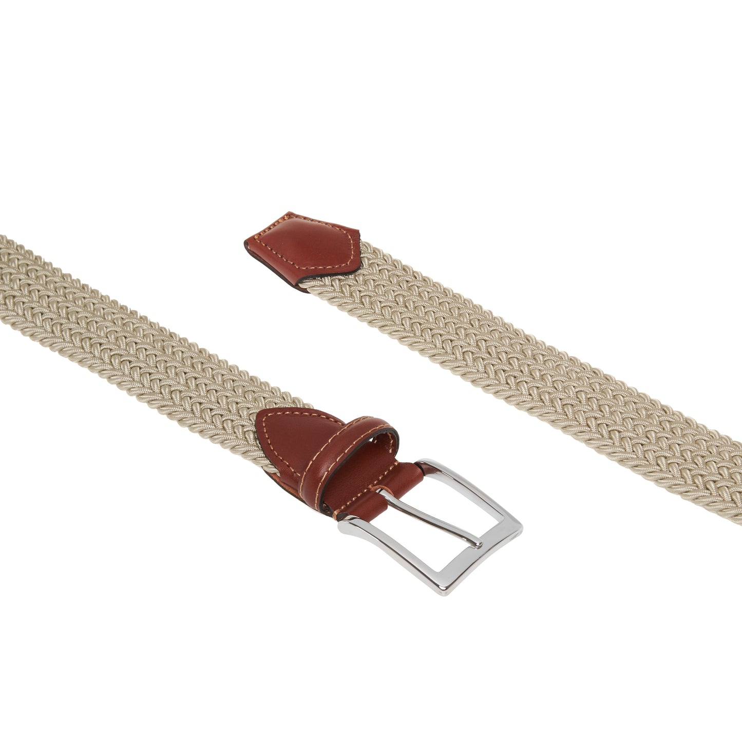 ATHISON - Curea impletita, din material elastic crem, cu detalii piele naturala.