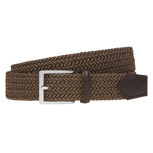 ATHISON - Curea impletita, din material elastic, combinatie nuante maro, cu detalii piele naturala.