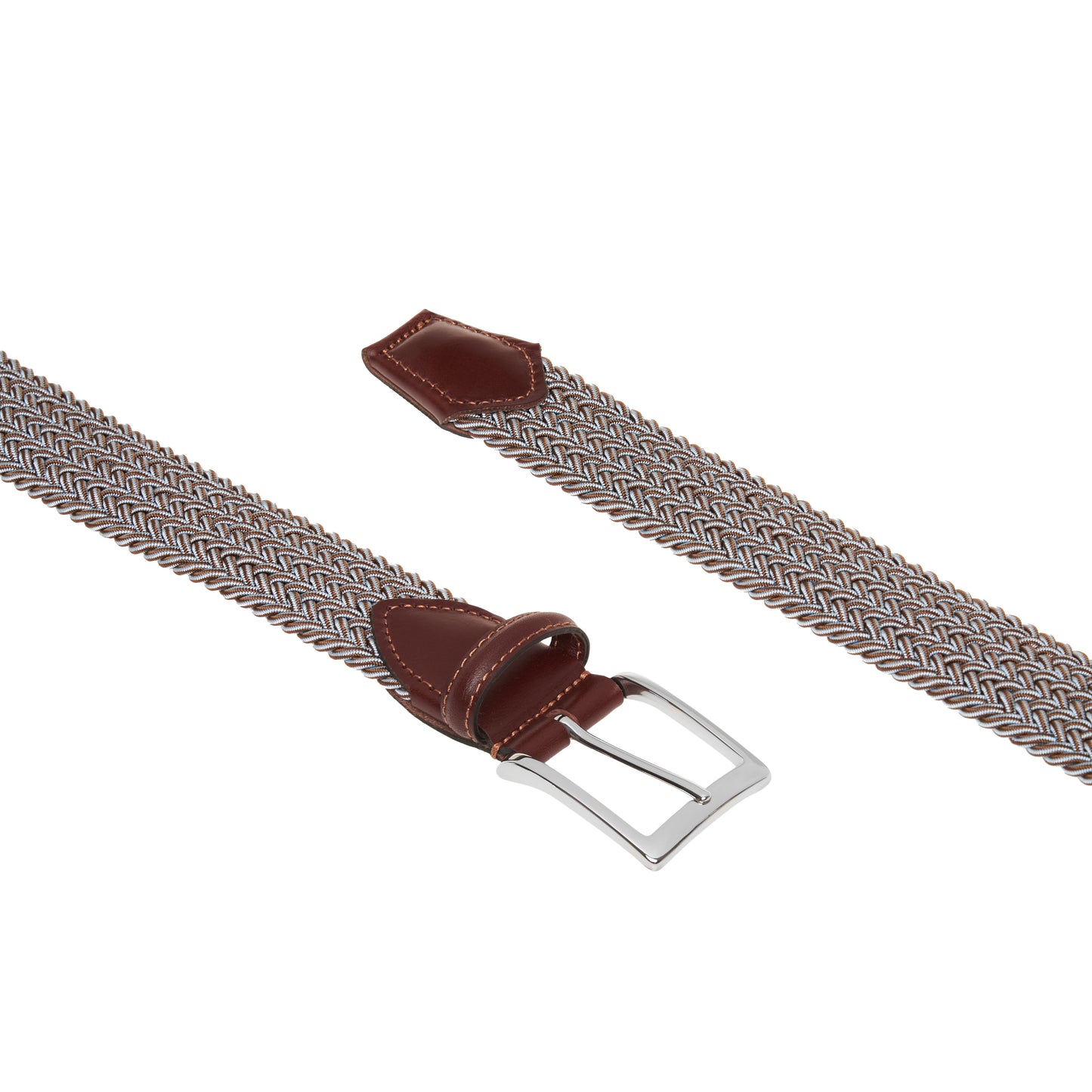 ATHISON - Curea impletita, din material elastic, combinatie bleu cu maro, cu detalii piele naturala.
